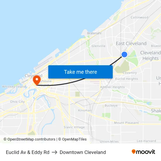 Euclid Av & Eddy Rd to Downtown Cleveland map