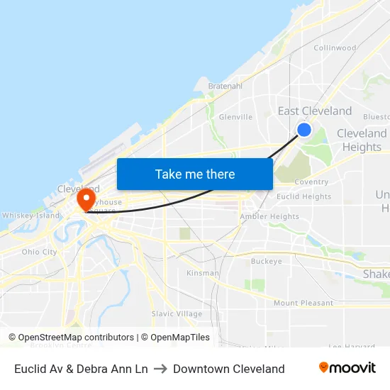 Euclid Av & Debra Ann Ln to Downtown Cleveland map