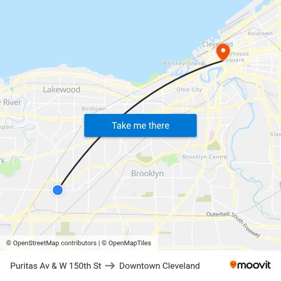 Puritas Av & W 150th St to Downtown Cleveland map