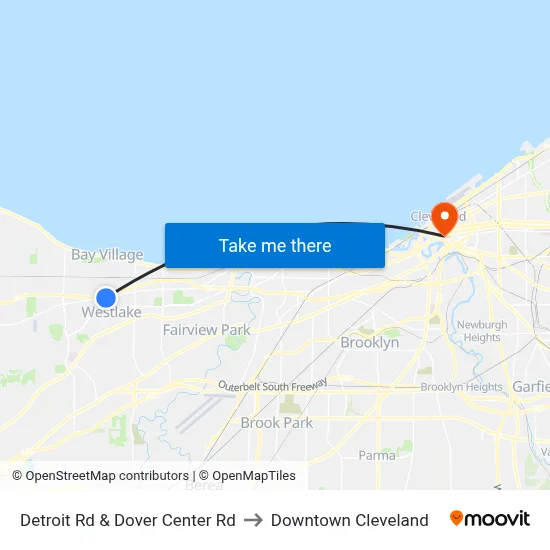 Detroit Rd & Dover Center Rd to Downtown Cleveland map
