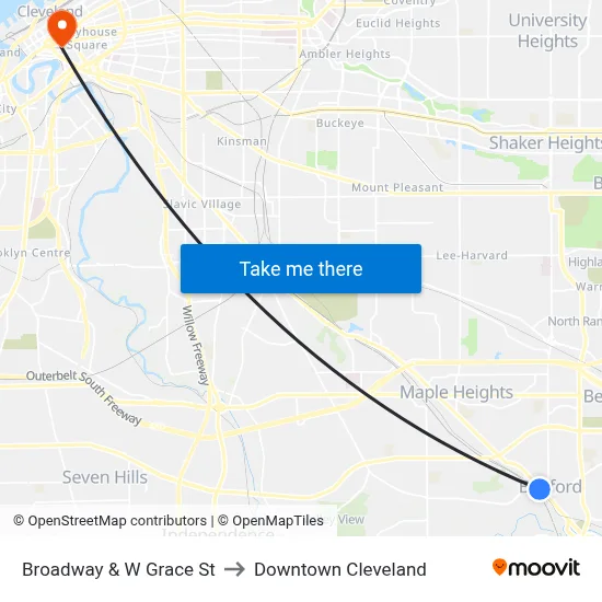 Broadway & W Grace St to Downtown Cleveland map