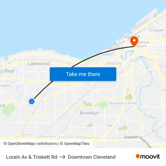 Lorain Av & Triskett Rd to Downtown Cleveland map