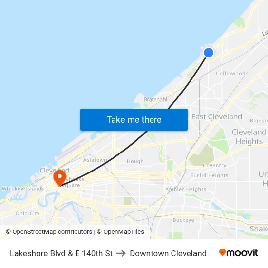 Lakeshore Blvd & E 140th St to Downtown Cleveland map