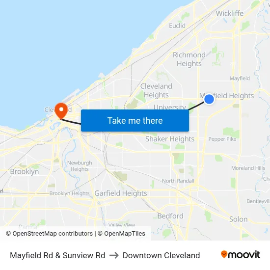 Mayfield Rd & Sunview Rd to Downtown Cleveland map