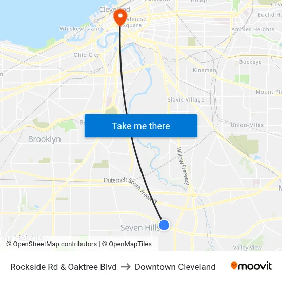 Rockside Rd & Oaktree Blvd to Downtown Cleveland map