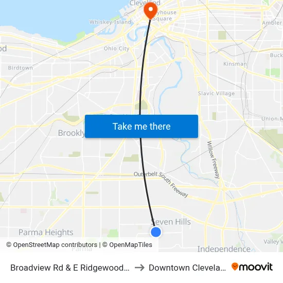 Broadview Rd & E Ridgewood Dr to Downtown Cleveland map