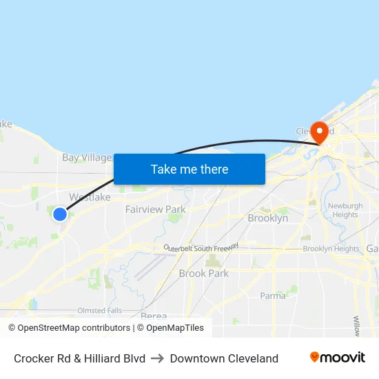 Crocker Rd & Hilliard Blvd to Downtown Cleveland map