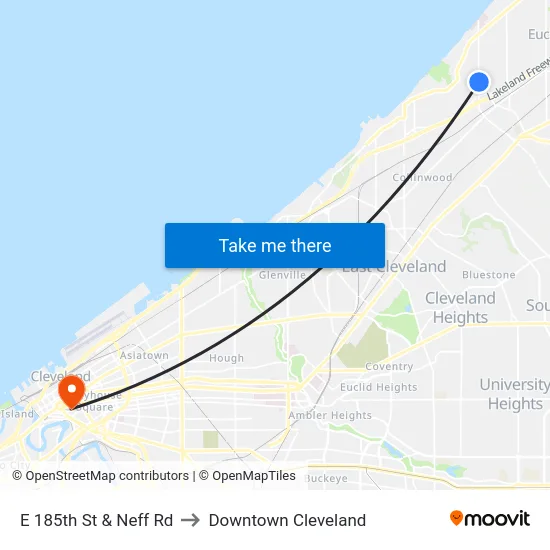E 185th St & Neff Rd to Downtown Cleveland map