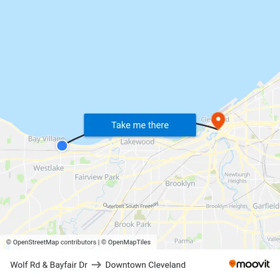 Wolf Rd & Bayfair Dr to Downtown Cleveland map