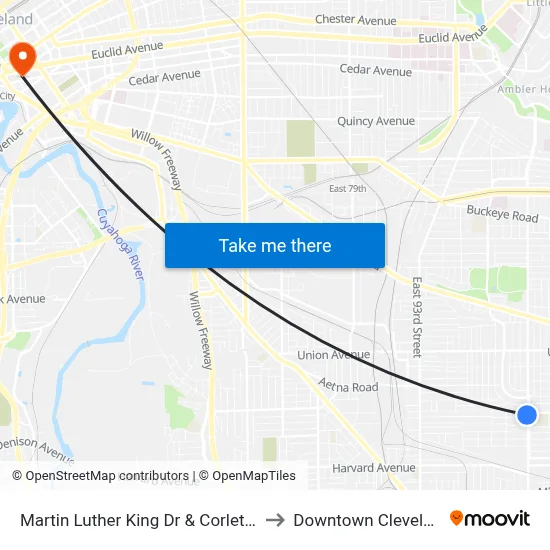 Martin Luther King Dr & Corlett Av to Downtown Cleveland map