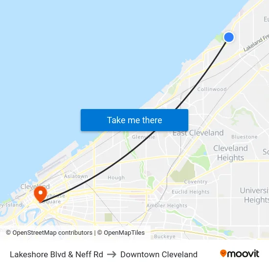 Lakeshore Blvd & Neff Rd to Downtown Cleveland map