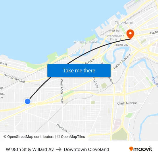 W 98th St & Willard Av to Downtown Cleveland map