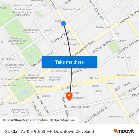 St. Clair Av & E 9th St to Downtown Cleveland map