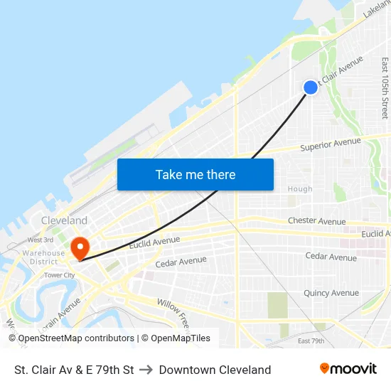 St. Clair Av & E 79th St to Downtown Cleveland map