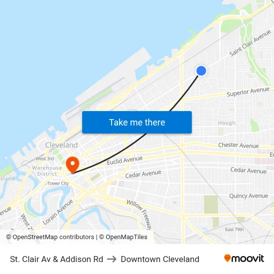 St. Clair Av & Addison Rd to Downtown Cleveland map