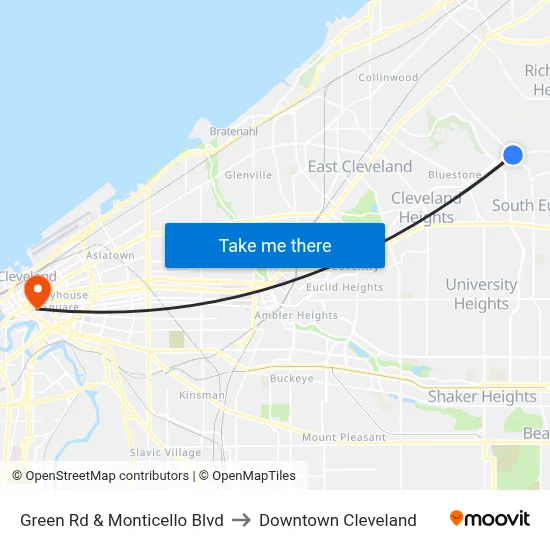 Green Rd & Monticello Blvd to Downtown Cleveland map