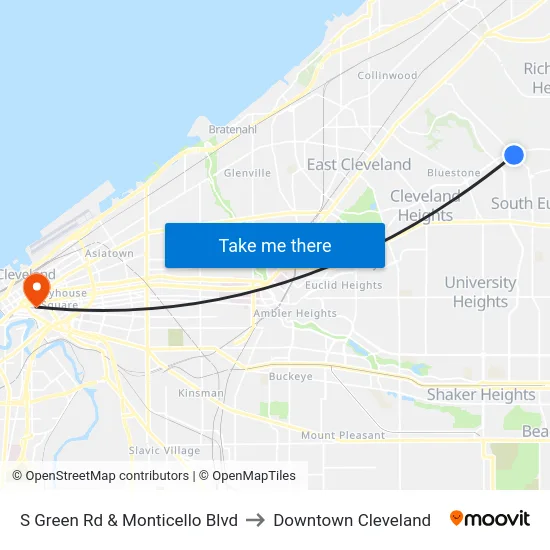 S Green Rd & Monticello Blvd to Downtown Cleveland map