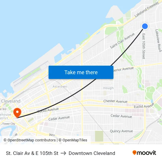 St. Clair Av & E 105th St to Downtown Cleveland map