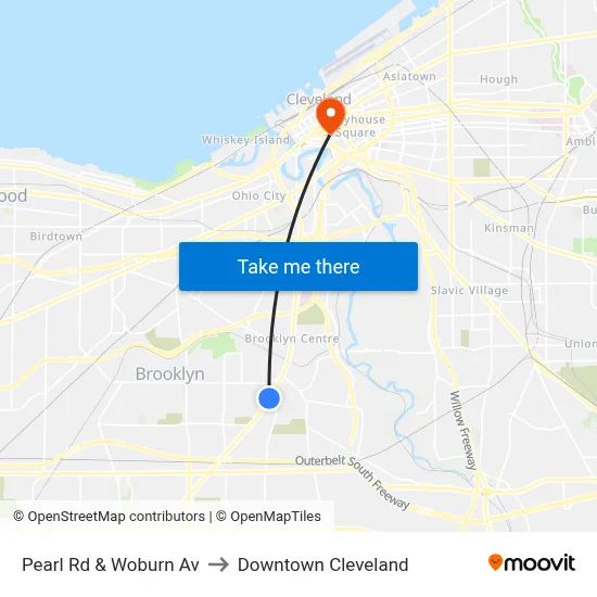Pearl Rd & Woburn Av to Downtown Cleveland map