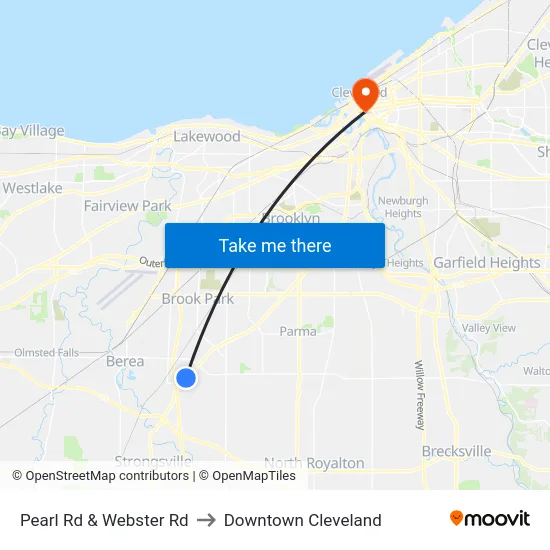 Pearl Rd & Webster Rd to Downtown Cleveland map