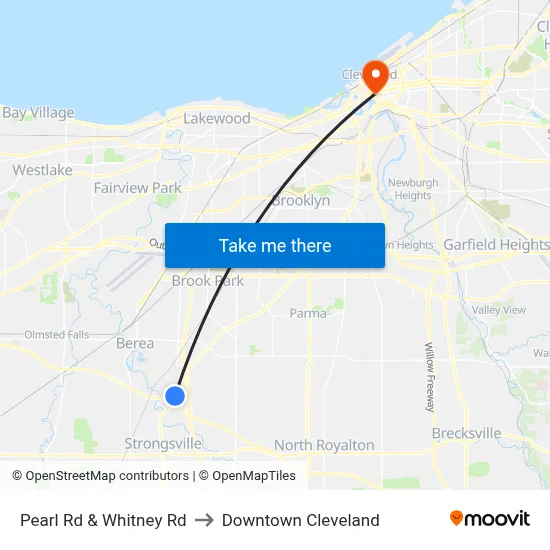 Pearl Rd & Whitney Rd to Downtown Cleveland map