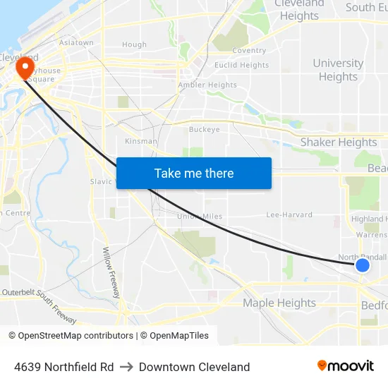 4639 Northfield Rd to Downtown Cleveland map
