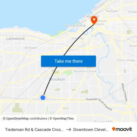 Tiedeman Rd & Cascade Crossing to Downtown Cleveland map
