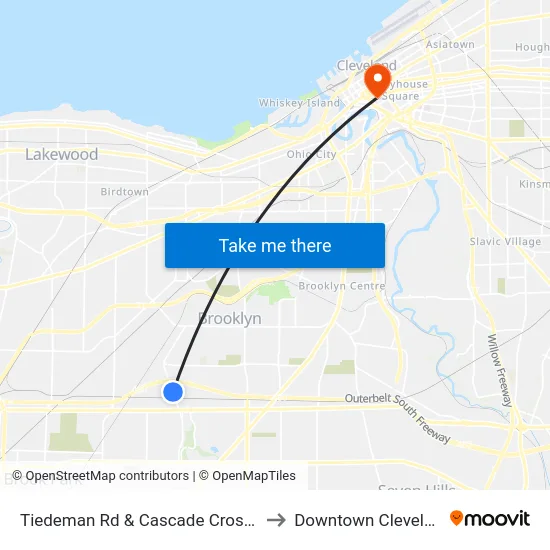 Tiedeman Rd & Cascade Crossing to Downtown Cleveland map