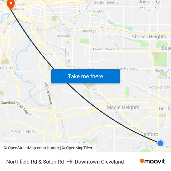 Northfield Rd & Solon Rd to Downtown Cleveland map