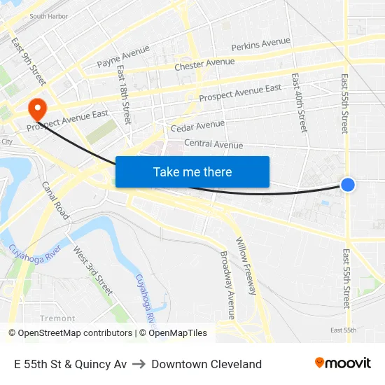 E 55th St & Quincy Av to Downtown Cleveland map