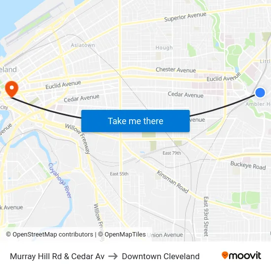 Murray Hill Rd & Cedar Av to Downtown Cleveland map