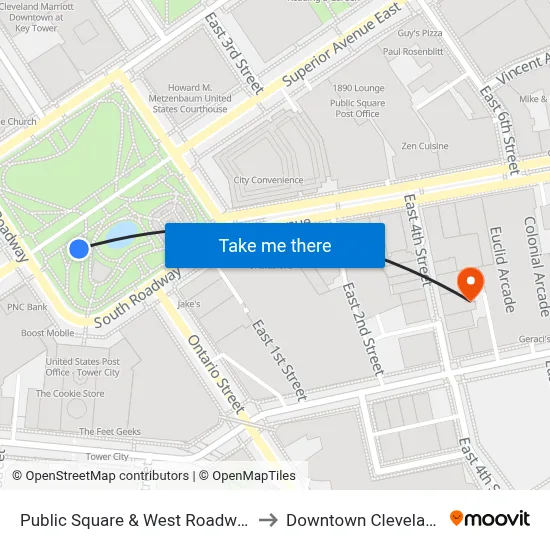 Public Square & West Roadway to Downtown Cleveland map