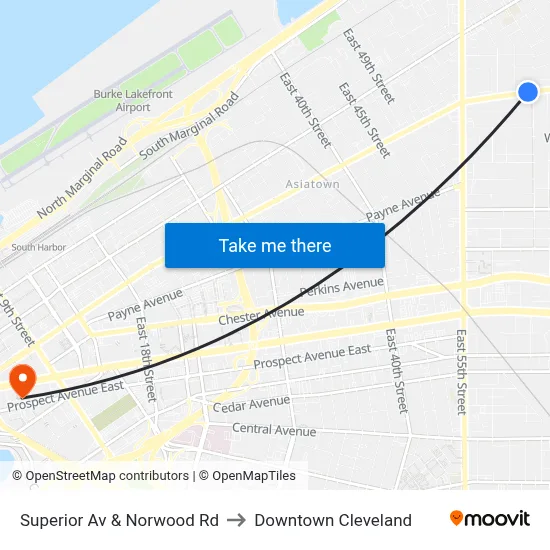 Superior Av & Norwood Rd to Downtown Cleveland map