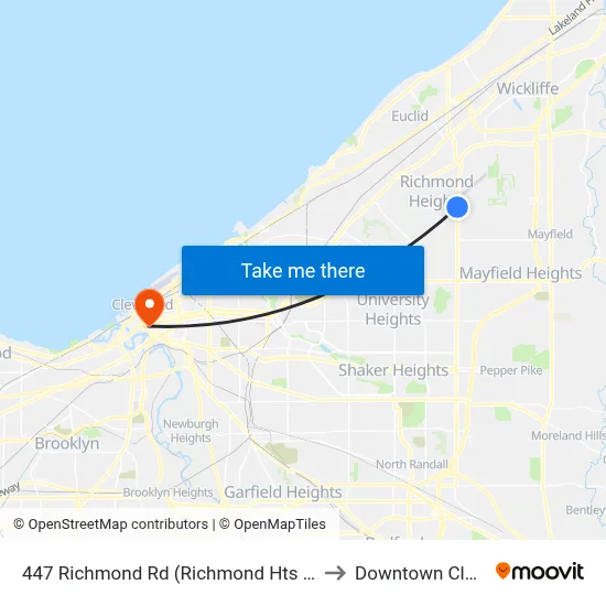 447 Richmond Rd (Richmond Hts High School) to Downtown Cleveland map