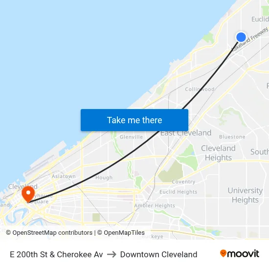 E 200th St & Cherokee Av to Downtown Cleveland map