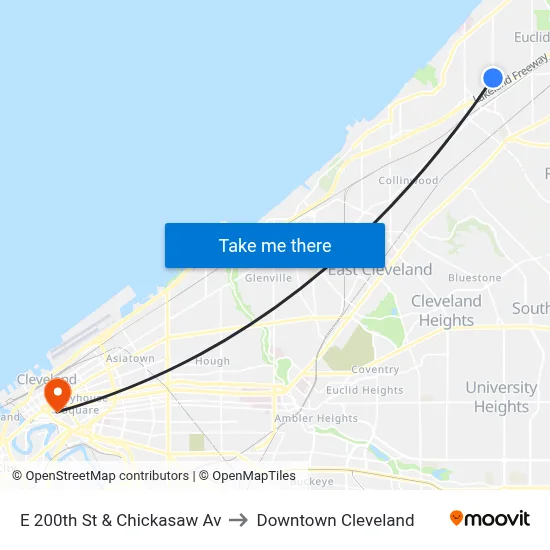 E 200th St & Chickasaw Av to Downtown Cleveland map