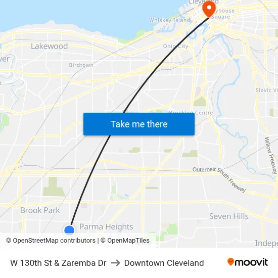 W 130th St & Zaremba Dr to Downtown Cleveland map