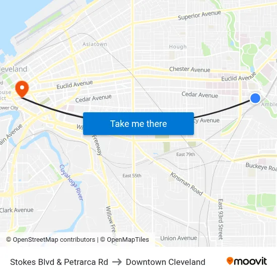 Stokes Blvd & Petrarca Rd to Downtown Cleveland map
