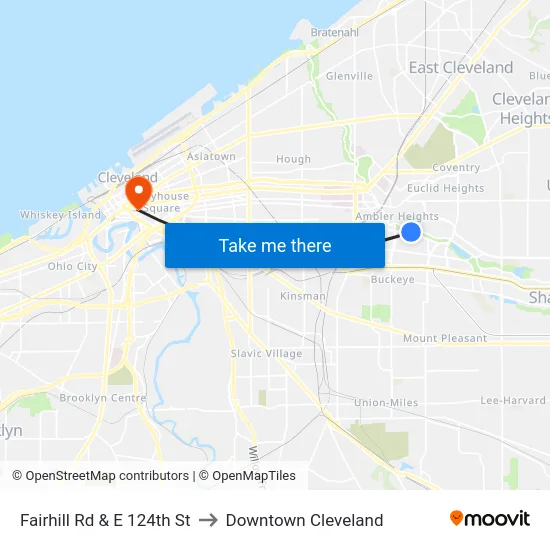 Fairhill Rd & E 124th St to Downtown Cleveland map