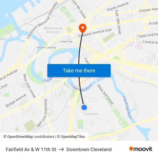 Fairfield Av & W 11th St to Downtown Cleveland map