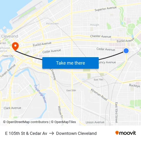 E 105th St & Cedar Av to Downtown Cleveland map