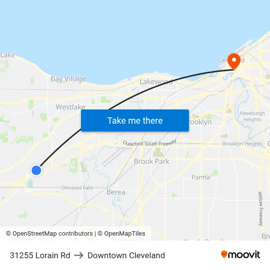 31255 Lorain Rd to Downtown Cleveland map