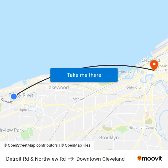 Detroit Rd & Northview Rd to Downtown Cleveland map