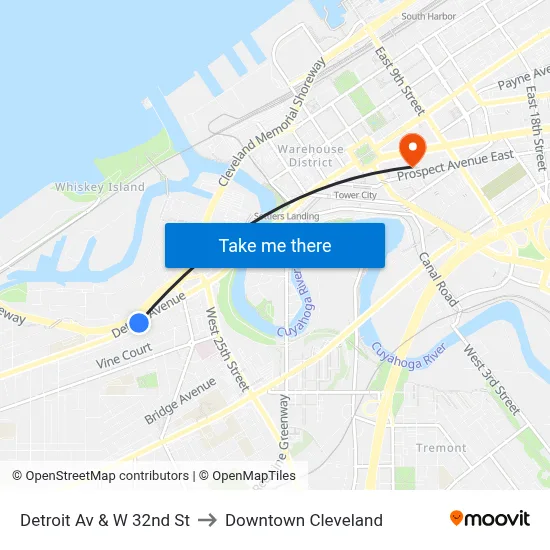 Detroit Av & W 32nd St to Downtown Cleveland map