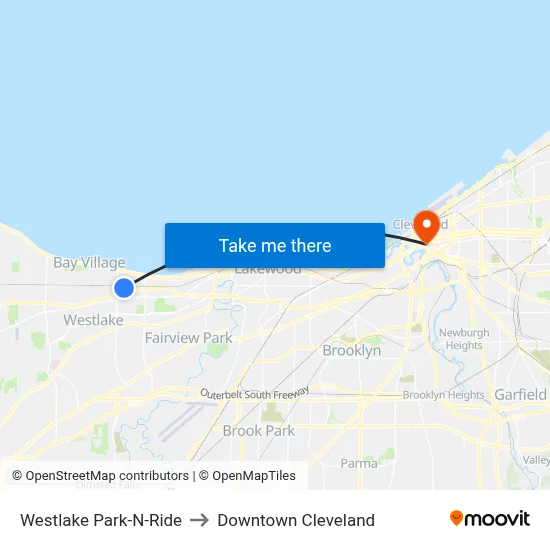 Westlake Park-N-Ride to Downtown Cleveland map