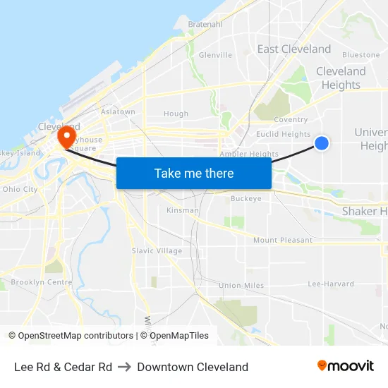 Lee Rd & Cedar Rd to Downtown Cleveland map