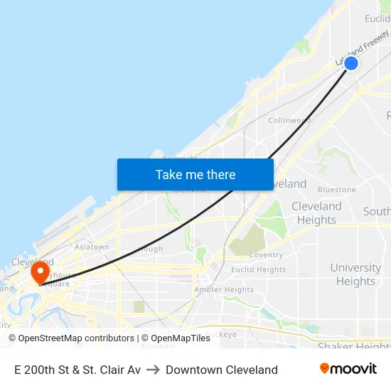 E 200th St & St. Clair Av to Downtown Cleveland map