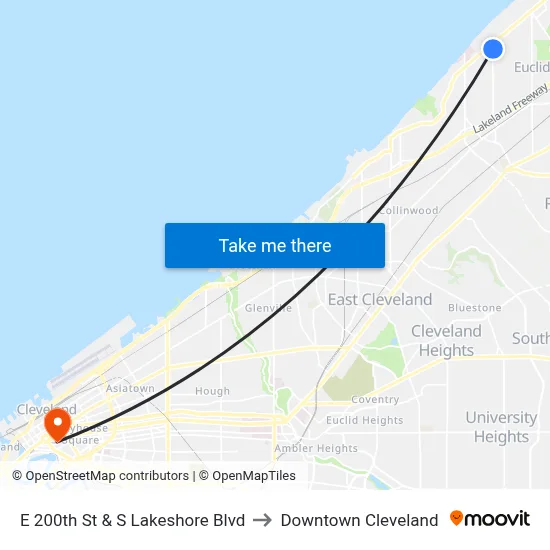 E 200th St & S Lakeshore Blvd to Downtown Cleveland map