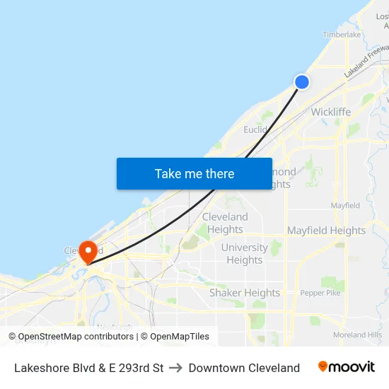 Lakeshore Blvd & E 293rd St to Downtown Cleveland map