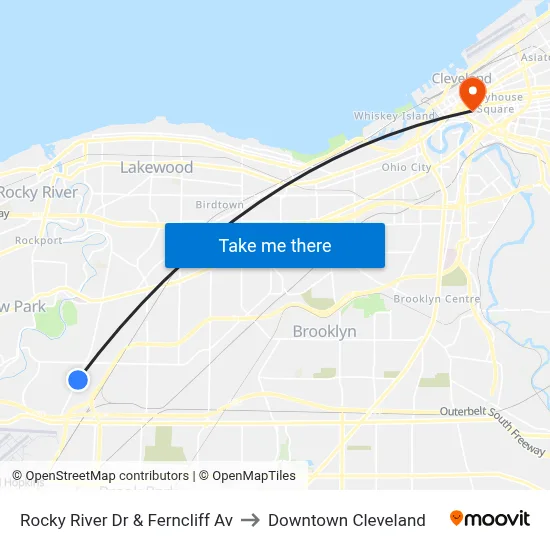 Rocky River Dr & Ferncliff Av to Downtown Cleveland map